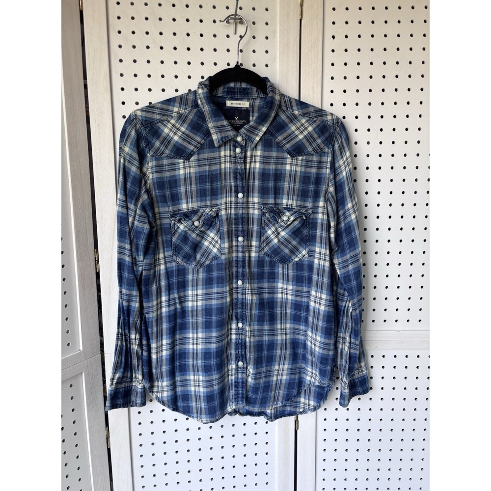 American Eagle Flannel Shirt Women's‎ M Blue Pearl Snap Boyfriend Western Plaid